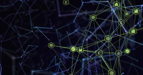 Forming green hex nodes linking in dark network with blue-purple grid, with Stock Photos