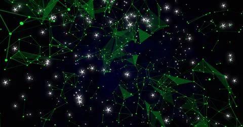 Forming green-node mesh on deep navy-black backdrop with white star points and Illustrazione stock