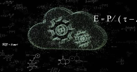 Forming green particle cloud with two gears on black canvas, showing E=P or (?- Stock Illustration