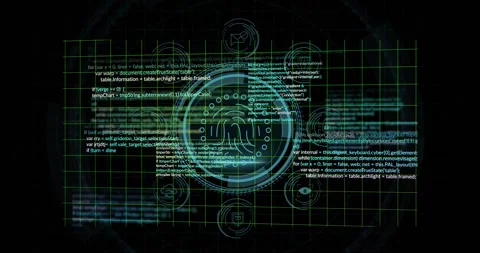 Forming grid on black shield fading DATA PROTECTION, code sliding ring emerging Stock Footage 328647145