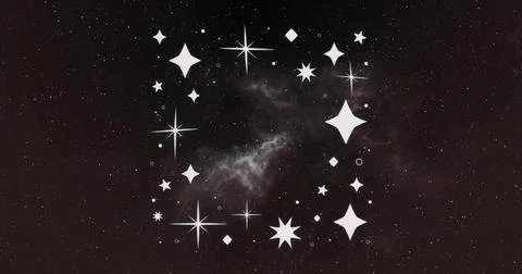 Forming hollow square frame of white star icons at center in space, with nebu Stock Illustration