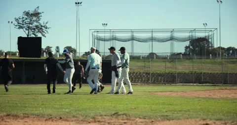 Forming huddle as umpire walks away, adult male baseball teammates exchanging Stock Footage 342492071