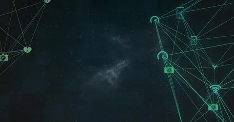 Forming intricate patterns, digital network connections against cosmic Stock Photos