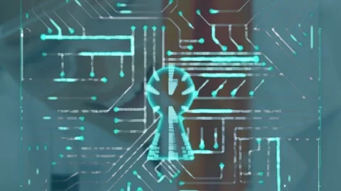 Forming keyhole shape, circuit board pattern symbolizing digital security Stock Footage 326191049