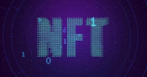 Forming large NFT text from thousands of cyan humanoid icons on purple HUD, with 库存插图