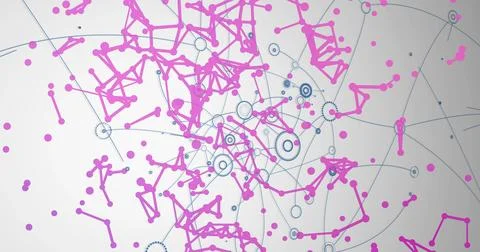 Forming magenta node clusters and blue hubs on light gray canvas, linking with 스톡 일러스트