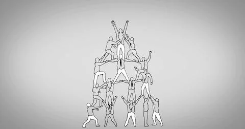 Forming multi level human pyramid of line figures at gray vignette backdrop, 스톡 일러스트