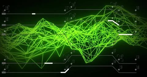 Forming neon green wireframe mesh pulsing across virtual HUD display, showing Stock Illustration