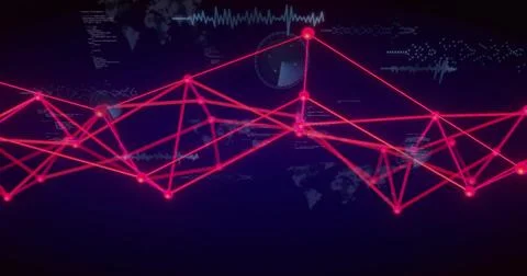 Forming neon magenta node mesh across dark screen, pulsing nodes with HUD radar Illustrazione stock