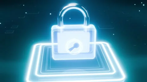 Forming neon pad causing clear padlock rising shackle lowering circuits lighting Stock Footage 346893367