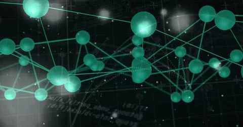 Forming network graph in data-visualization environment, with green nodes and Stock Photos