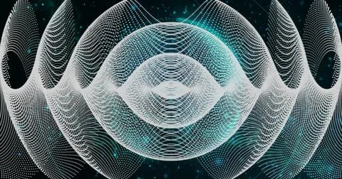 Forming oscillating dot waves in digital space, showing central spherical Stock Photos