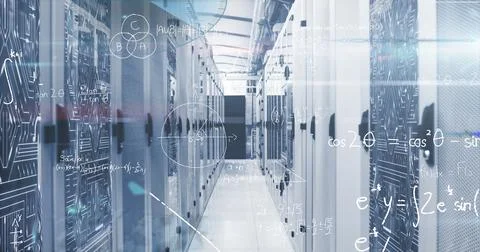 Forming parallel rows of server racks in data center, with network cables and Stock Photos