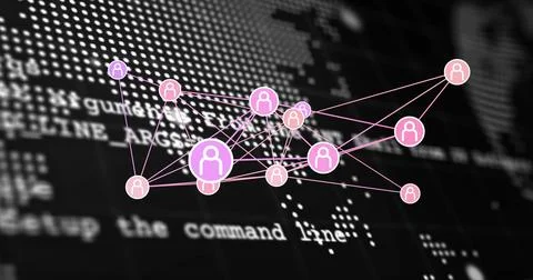 Forming pink circular avatar graph over blurred console showing thin pink lines 스톡 일러스트