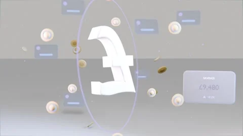Forming purple ring starting 3D pound rotating in grey set orbiting coins UI Stock Footage 337885968