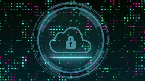 Forming shield behind flickering Cyber Security morphing into cloud lock rings Stock Footage 319360770