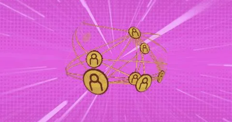 Forming spherical network glowing in magenta backdrop, with golden avatar Stock Photos