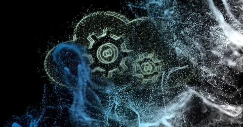 Forming stylized cloud shape glowing in virtual environment, with gear icons and Stock Illustration