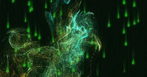 Forming teal gold particle cloud swirling over vertical stripes, with cascading Stock Illustration