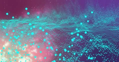 Forming turquoise waves and dot clusters in digital space with pink peach glow Stock Illustration