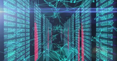 Forming virtual data corridor in dark cyberspace, with network lines, code Stock Photos