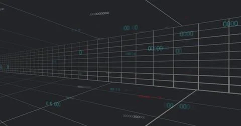 Forming wireframe grid corridor receding left in VR corridor, showing cyan HUD Stock-Illustration