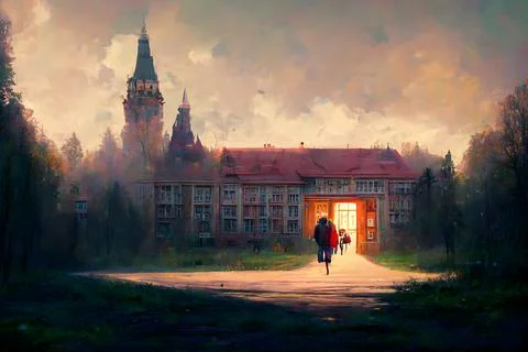 Formless student figures going to old school building with tower at rainy autumn Stock Illustration