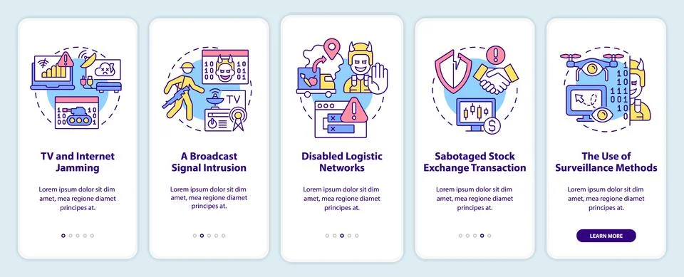 Forms of information warfare onboarding mobile app screen Stock Illustration