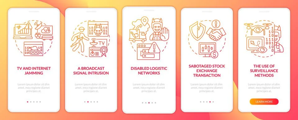 Forms of information warfare red gradient onboarding mobile app screen Stock Illustration