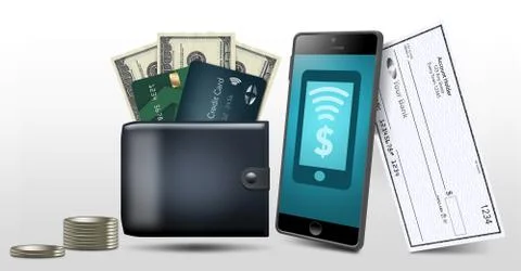 Forms of payment that you can carry with you while shopping are the subject o Stock Illustration