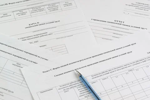 Forms in Russian: "Map, Report and summary of special assessment of working c Stock Photos