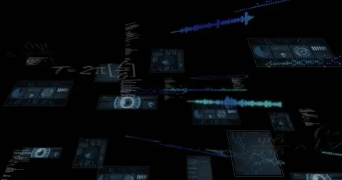 Formula floating on void starting 3D panels, elements emerging drifting pulsing Stock Footage 317369197