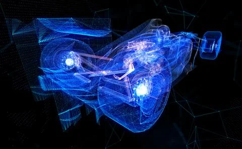 Formula one bolide. Particles formation Car virtual model. Digital car Stock-Illustration