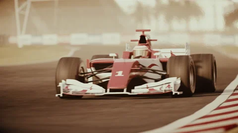 Formula one race car driving through first curve – retro style Stock Footage 149297764