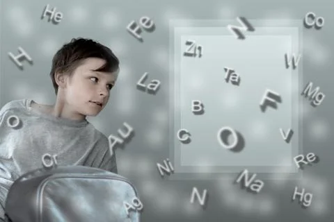 Formulas. boy with school backpack on the background of table  Mendeleev Stock Photos