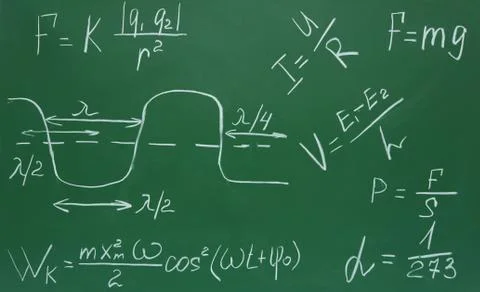 Formulas on the physicist written by a chalk on a school board. Stock Photos