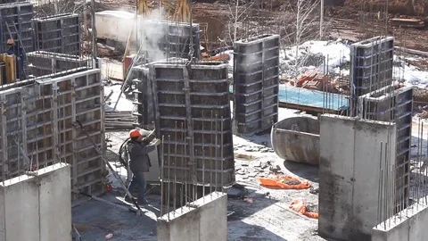 Formwork for the concrete base of the building Stock Footage 127156425