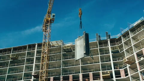 Formwork for creating reinforced concrete slabs lifted on a crane Stock Footage 271329539