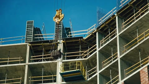 Formwork for creating reinforced concrete slabs lifted on a crane Stock Footage 271329795