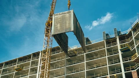 Formwork for creating reinforced concrete slabs lifted on a crane Stock Footage 271329977