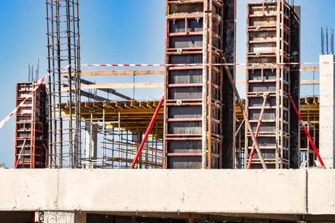 Formwork for pouring the second floor of a monolithic building. Reinforcement Photos