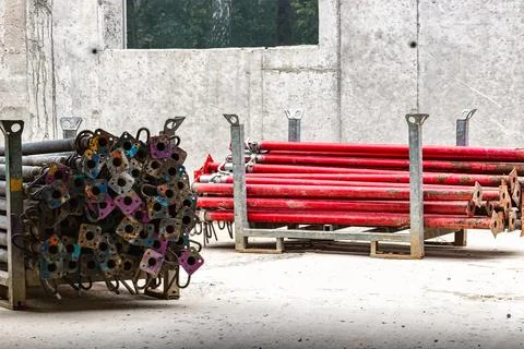 Formwork supports the second floor of a monolithic building. Reinforcement of Stock Photos