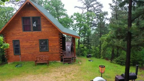 Forrest Cabin drone fly over foggy 4k Stock Footage 144031649