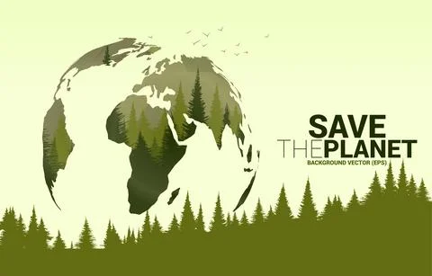 Forrest hill in world globe silhouette big leaf shape. Concept for take care  Stock Illustration