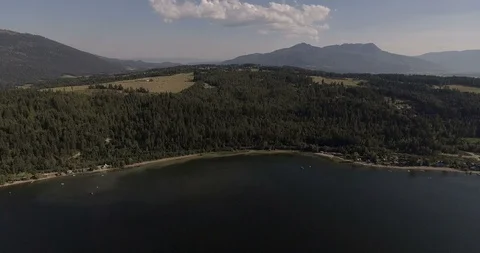 Forrested beachfront high angle drone shot with jagged mountains in background Stock Footage 93429121