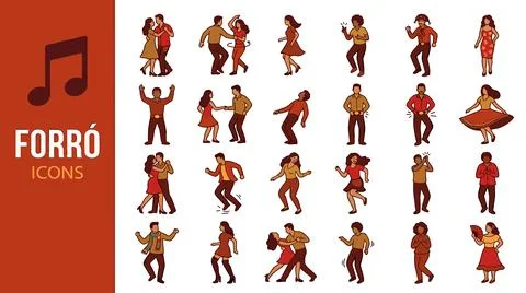Forro Dance Icons Set Featuring Couples and Solo Dancers in Various Poses. Stock Illustration