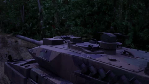 Forsaken war contraption slowly devoured by creeping plants and march of years Video stock 339801946