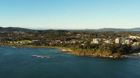 Forster main town beach from Pacific ocean in aerial hovering panorama 4k. Stock Footage 198665092