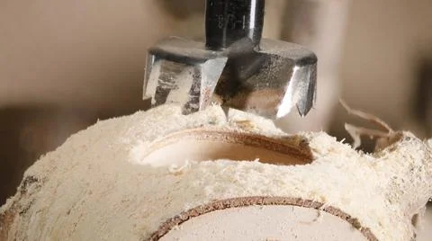 Forstner Wood Drill Bit Cutting into Birch Wood During DIY Woodworking Project Stock Photos