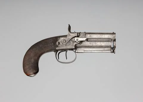 Forsyth Patent Second Model Sliding Primer Over-and-Under Pistol with Case .. Stock Photos